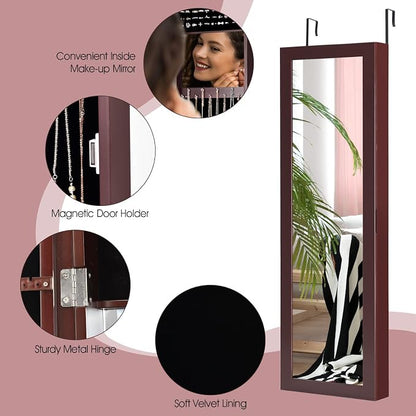 COSTWAY Full Length Mirror Jewelry Cabinet, Wall Door Mounted Jewelry Organizer - Image 7