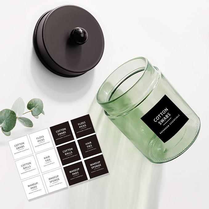 Amolliar Sage Green Qtip Holder, Glass ApothecaryJar Metal Lid & Stickers - Image 3