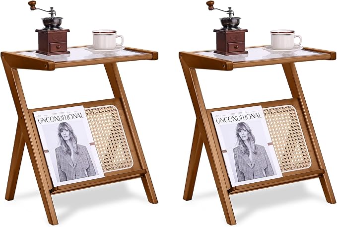 Tiita 2 Pack Rattan Side Table, Mid Century Nightstand, Bamboo Accent Bedside by TiitaHome