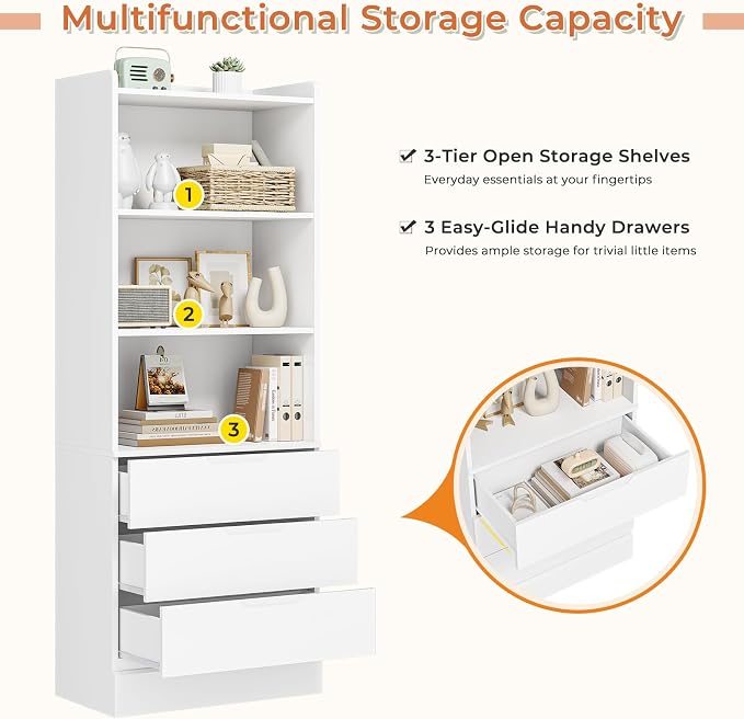 DICTAC Bookcase Set of 2 with 3 Drawers 73.23'' White Bookshelf Storage - Image 7