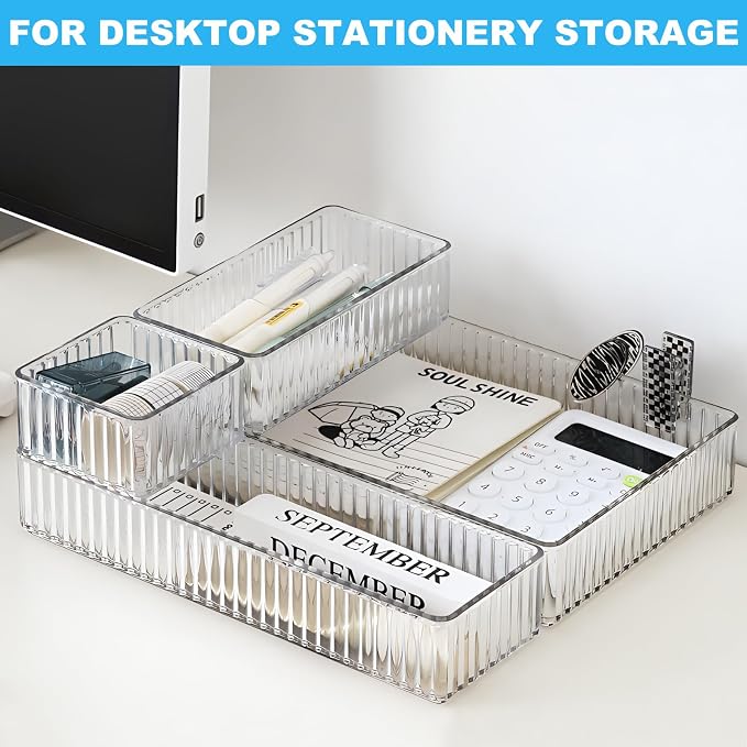 HOTOOLME 7PCS Clear Drawer Organizers Bins, 4 Size Stackable Makeup Drawer - Image 6