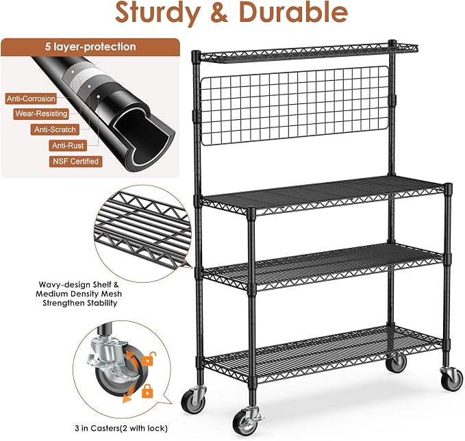 Leteuke Bakers Rack with Storage & Wheels, 42 Inch Microwave Stand Kitchen - Image 4