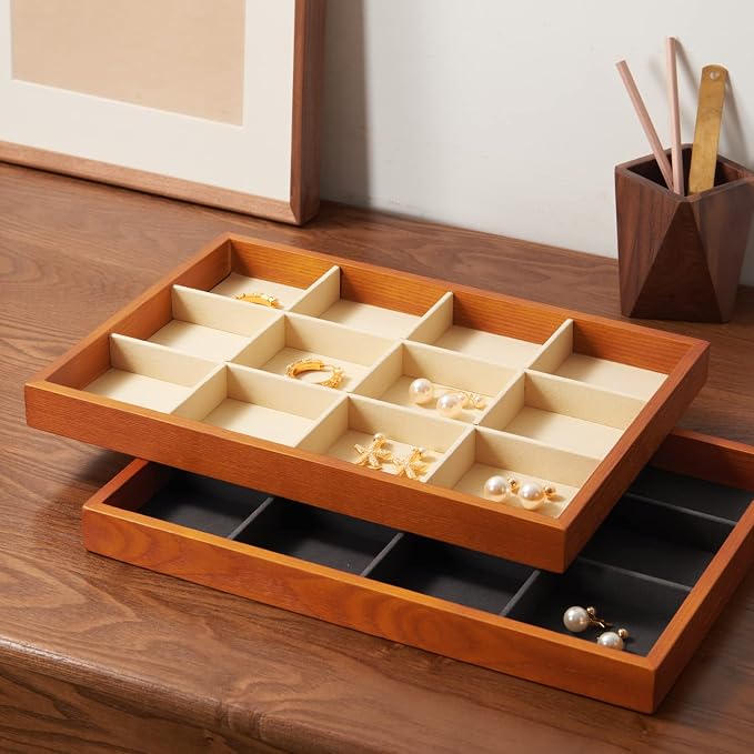 Oirlv 12 Grids Wood Jewelry Organizer Tray Stackable Jewelry Drawer Tray - Image 7