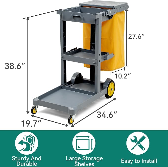 YITAHOME Janitorial Cart, Cleaning Carts on Wheels, 3-Shelf Commercial - Image 2