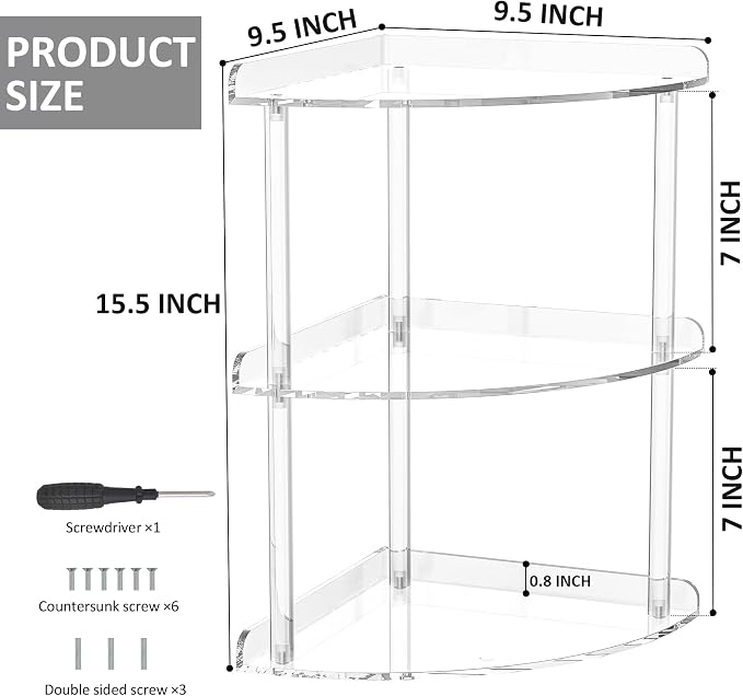 3 Tier Acrylic Corner Shelf Organizer Storage 9.5x9.5x15.7 Inch, Transparent - Image 3