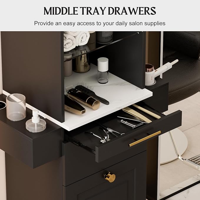 Salon Stations for Hair Stylist, Barber Station w/Glass Shelf & Golden Handles - Image 5