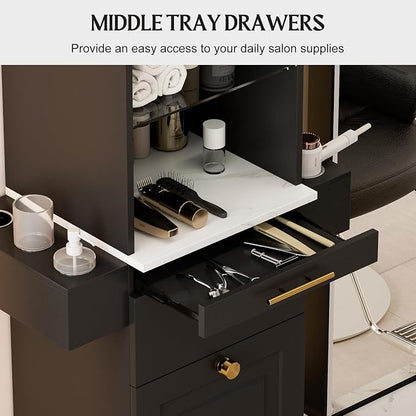 Salon Stations for Hair Stylist, Barber Station w/Glass Shelf & Golden Handles - Image 5