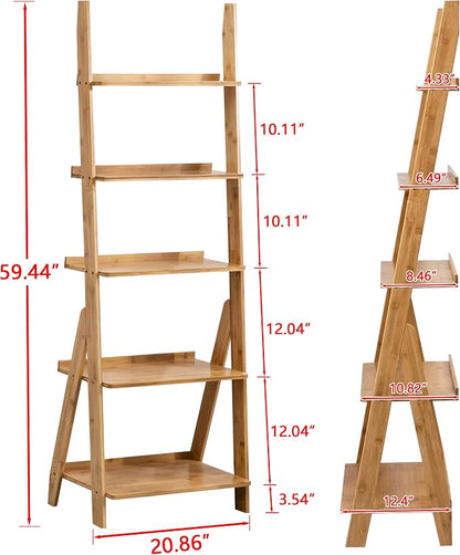 Maydear Bamboo Ladder Shelf Bookcase, 5-Tier Leaning Bookshelf Free Standing - Image 2