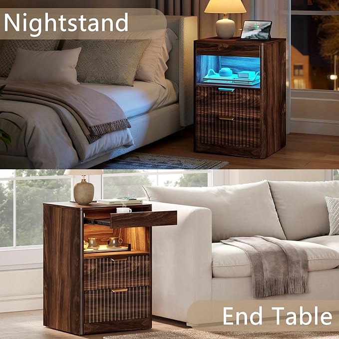 REAHOME Fluted Nightstand with Charging Station, Modern LED Night Stand with 2 - Image 4