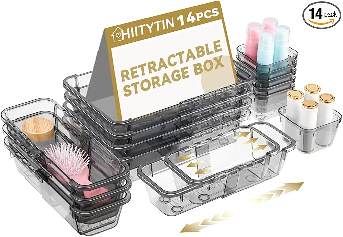 14 Pcs Adjustable Clear Drawer Organizer, Extendable Vanity Storage Bins by Hiitytin