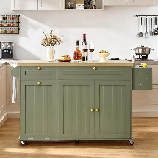 60.2" Kitchen Islands with Storage, Kitchen Island Cart with Trash Can Storage by LEFURTURE