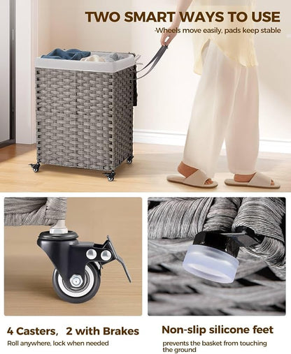 Greenstell Laundry Hamper with Wheels, No Install Needed, 90L Divided Handwoven - Image 3