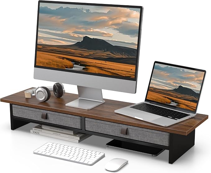 Fenge Monitor Stand with Drawer, 2 Tiers Dual Monitor Riser by Fenge