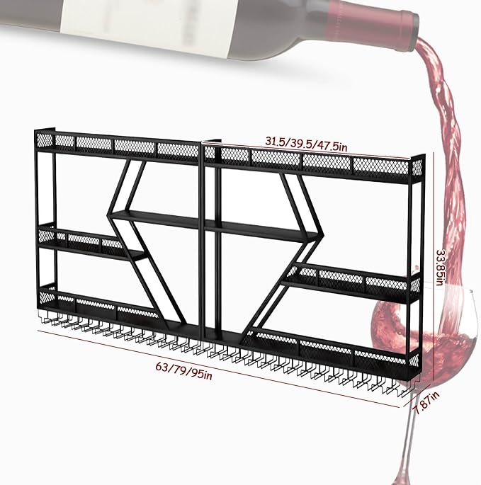 79in Wall Mounted Wine Rack, Large Metal Wine Bottle Holder, 3 Tier Modern - Image 2