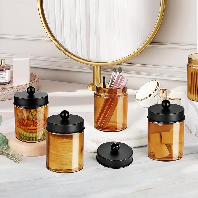 Amolliar Bronze Glass Apothecary Jar, Qtip Holder Metal Lid & Stickers - Image 5