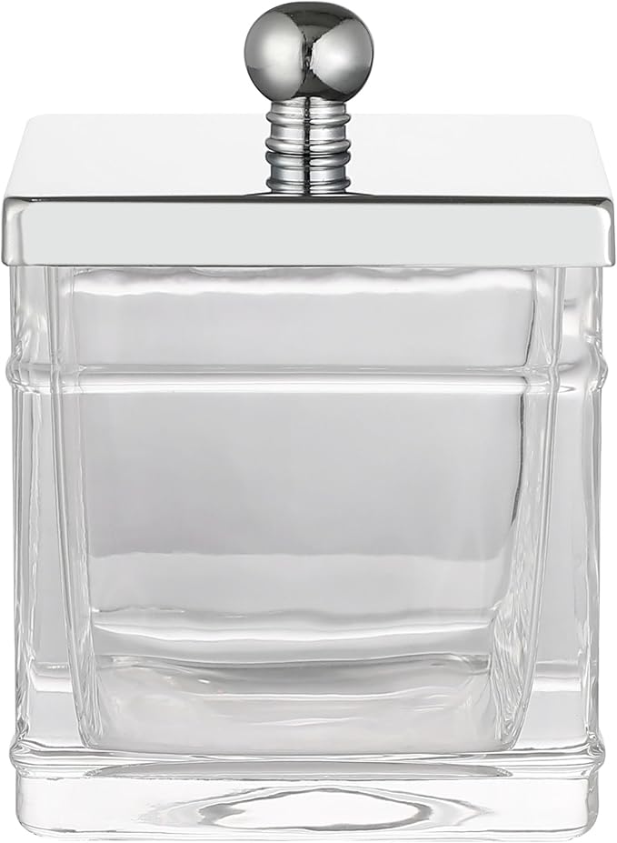 Apothecary Glass Cotton Jar Holder Silver Stainless Steel Lid, Elegant Bathroom by IndecorHome