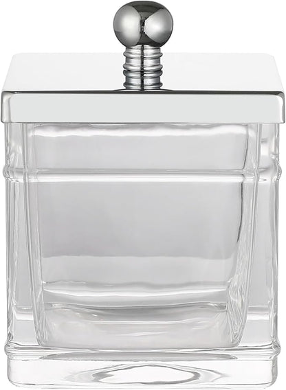 Apothecary Glass Cotton Jar Holder Silver Stainless Steel Lid, Elegant Bathroom by IndecorHome