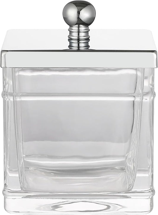 Apothecary Glass Cotton Jar Holder Silver Stainless Steel Lid, Elegant Bathroom by IndecorHome