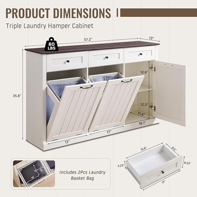 Triple Tilt Out Laundry Hamper Cabinet, 20 Gallon Farmhouse Trash Can Cabinet - Image 2