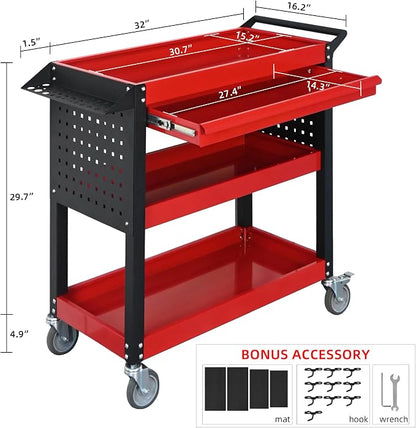3 Tier Tool Cart on Wheels, Heavy Duty Metal Rolling - Image 2