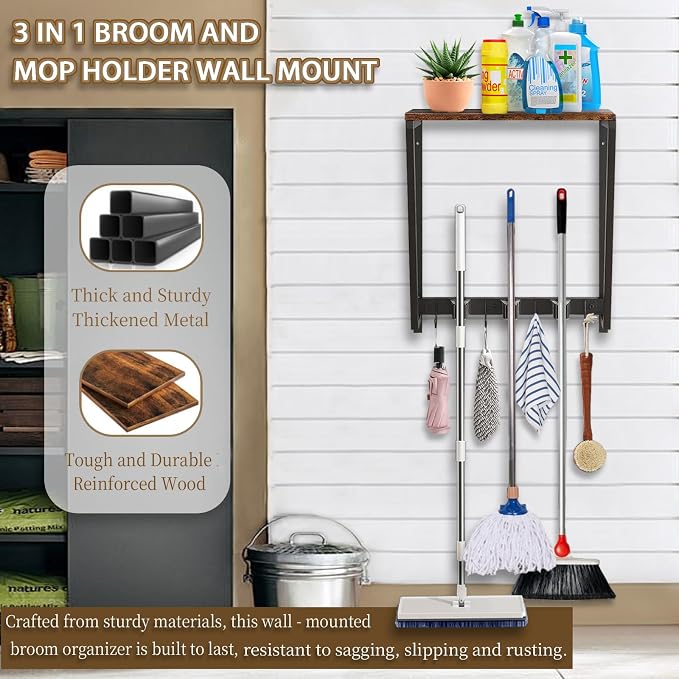 Wall-mounted broom and mop storage rack, equipped - Image 4