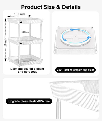 3 Tier Lazy Susan Bathroom Countertop Organizer, 360° Clear Rotating Square - Image 6