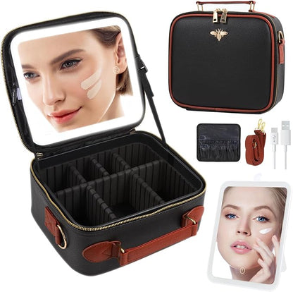 Travel Makeup Bag with Mirror of LED Lighted, Rechargeable Cosmetic Train Case by GERYUAEG