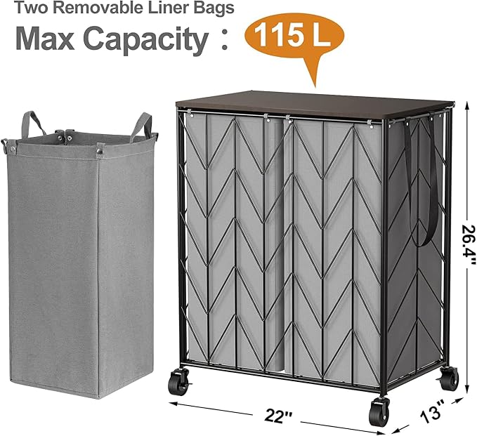 WOWLIVE Laundry Basket with Wheels, Heavy Duty Laundry Hamper with Wood Lid - Image 4