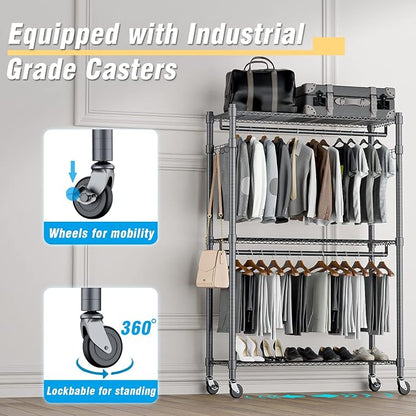 Homdox Rolling Clothes Rack Heavy Duty, 3-Tier Adjustable Wire Shelving Garment - Image 5