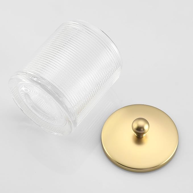 Clear Transparent Apothecary Ribbed Geometric Etched Glass Jar W/Gold Lid Cover - Image 6