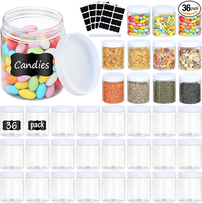 36PCS 8OZ Plastic Jars with Screw On Lids, Labels Refillable Empty Round Slime by OUSHINAN