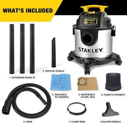 STANLEY 4 Gallon Wet Dry Vacuum, 4 Peak HP Stainless Steel 3 in 1 Shop Vacuum - Image 3