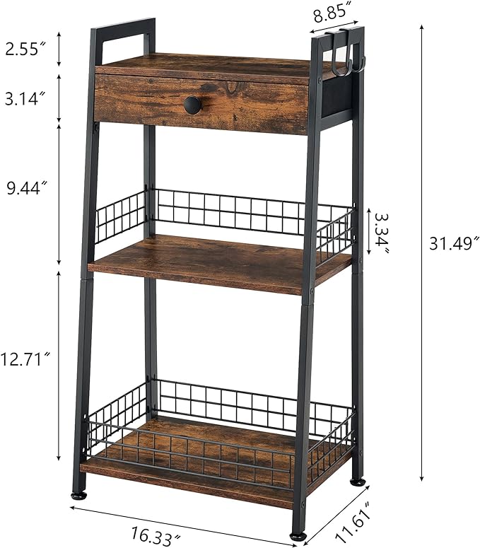 3-Tier Ladder Shelf with Drawer, Bathroom Stand Floor Storage Shelf, - Image 3