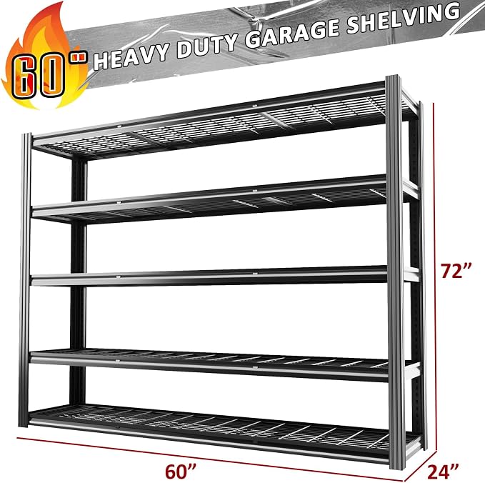 60" W x 72" H x 24" D Garage Shelving Heavy Duty, 5 Tier Adjustable Metal - Image 2