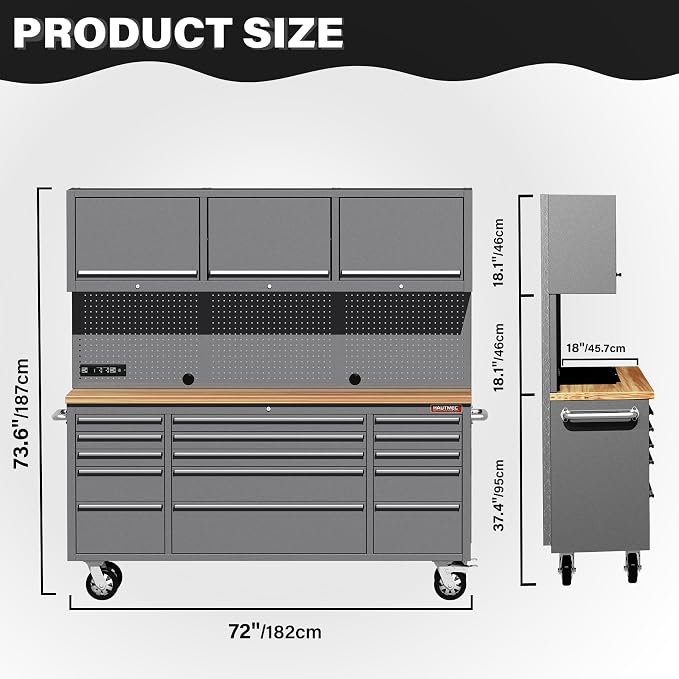 HAUTMEC 72" Rolling Tool Chest, Mobile Garage Workbench, Heavy-Duty Tool - Image 2