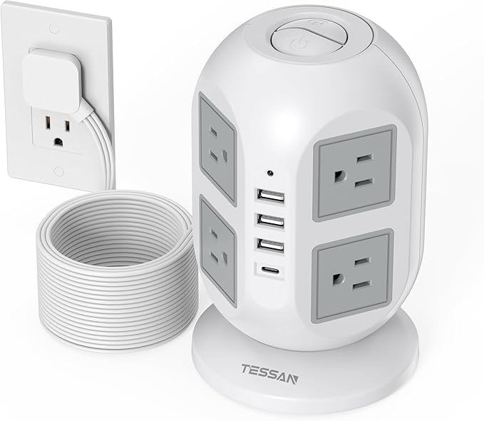 Tower Surge Protector Power Strip 15 ft, TESSAN Long Flat Extension Cord by TESSAN