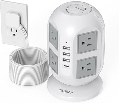 Tower Surge Protector Power Strip 15 ft, TESSAN Long Flat Extension Cord by TESSAN