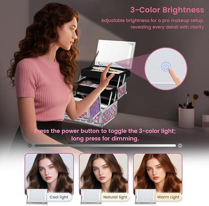 Makeup Case with Lighted Mirror Travel Makeup Organizer Box 2 Trays Lockable - Image 3