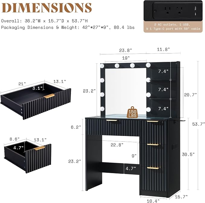 AMERLIFE 36.2" Fluted Vanity Desk - Image 3