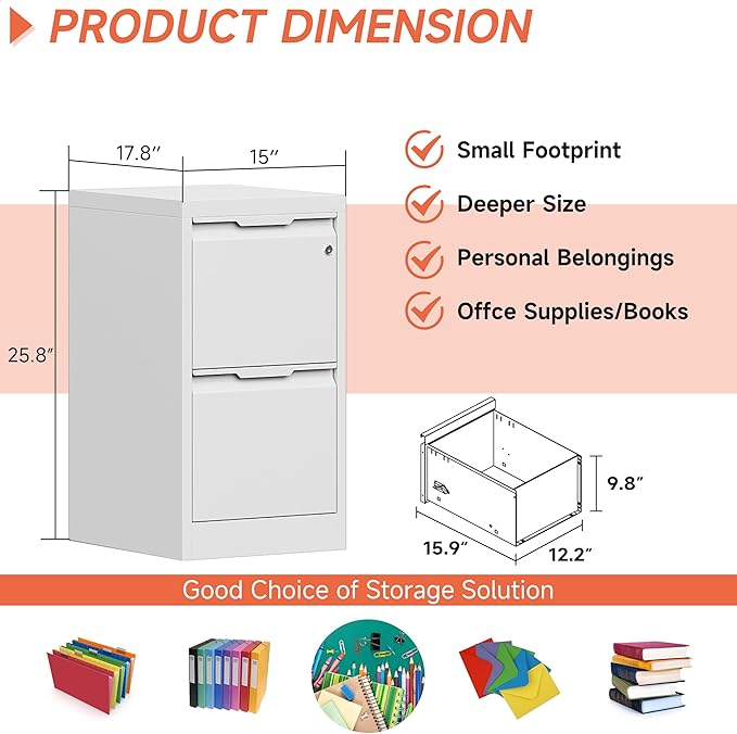 Metal Filing Cabinet with Lock, Vertical File Cabinet 2 Drawer, Lockable File - Image 2