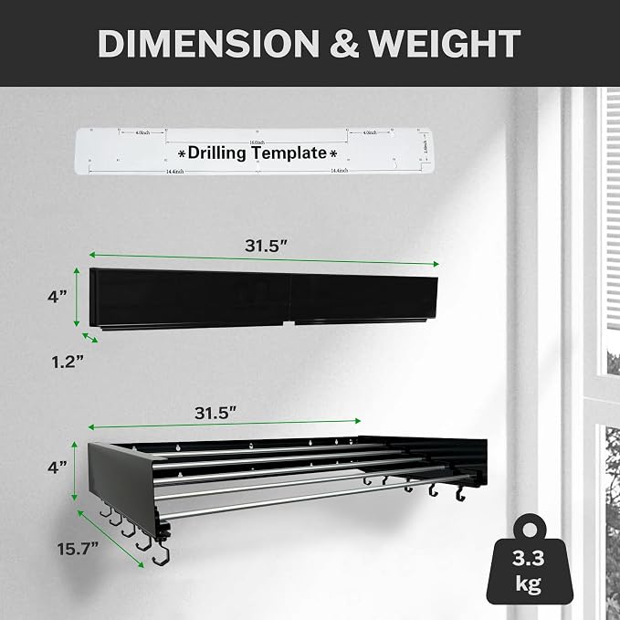 Wall Mounted Laundry Drying Rack, Retractable & Foldable, 31.5" Wide, 13.2 - Image 2