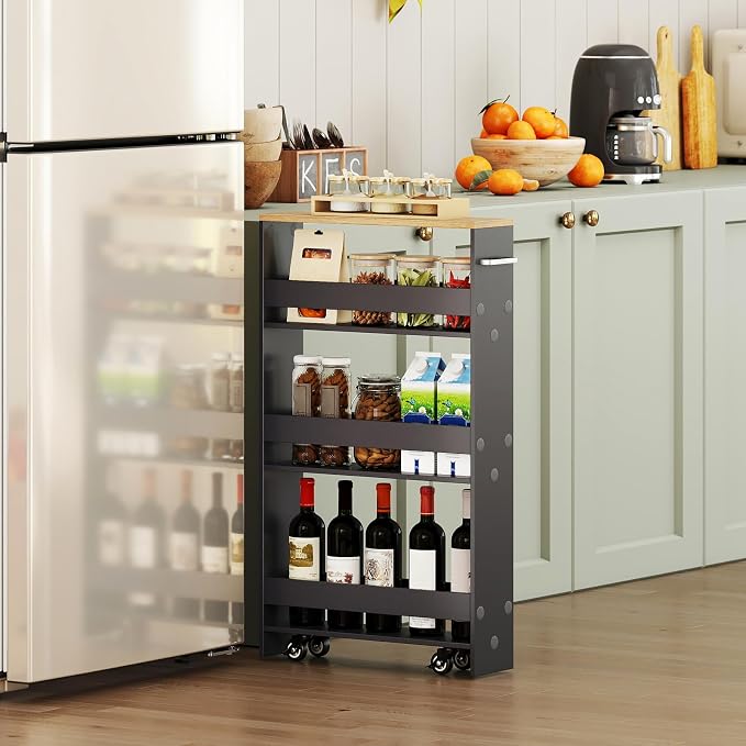 Small Kitchen Cart, 4-Tier Slim Rolling Island w/Handle, Laundry Room Storage - Image 2