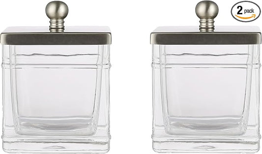 Glass Cotton Jar Holder 2 Pack– Satin Nickel Lid, Elegant Bathroom Storage by IndecorHome