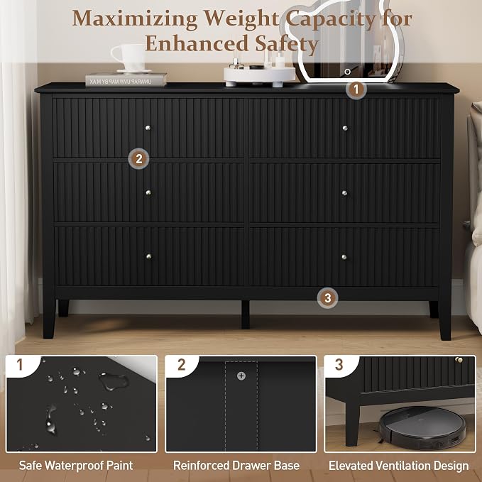 RoyalCraft Black 6 Drawer Dresser, Fluted Modern Wood Dresser, Double Chest of - Image 7
