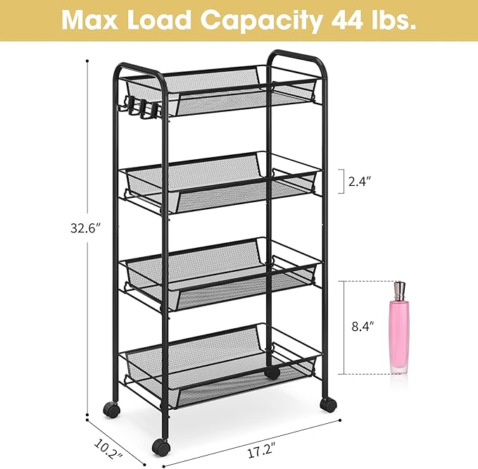 TOOLF 4-Tier Rolling Cart, Metal Utility Cart - Image 6