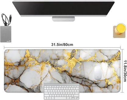 White Marble Mouse Pad – Large Extended Desk Mat 31.5 x 11.8 in– Elegant Gold - Image 8