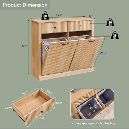 Modern Double Tilt-Out Laundry Hamper Cabinet, 20 Gallon Fluted Trash Can - Image 2