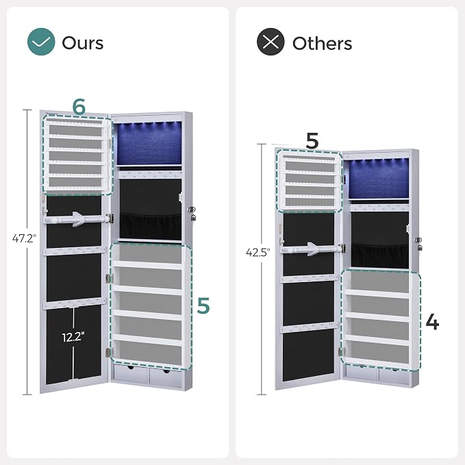 SONGMICS 6 LEDs Mirror Jewelry Cabinet, 47.2-Inch Tall Lockable Wall or Door - Image 7