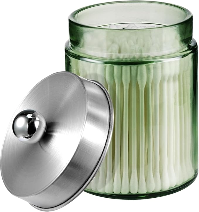 Amolliar Sage Green Glass Apothecary Jar, Qtip Holder Metal Lid & Sticker by Amolliar