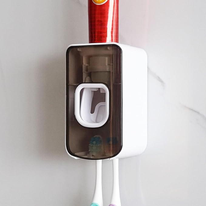2 Slot Toothbrush Holder and Toothpaste Dispenser Wall Mounted, Automatic by LUEXBOX